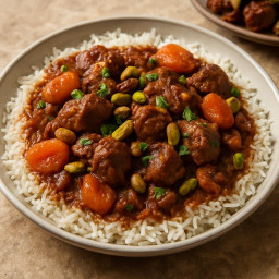 Entree: Morocco – Maghreb – طاجين لحم الضأن بالمشمش والفستق مع أرز بسمتي ➤ Tajin laḥm al-ḍan bil-mishmish wal-fustuq maʿ aruzz basmati (Lamb stew with apricots and pistachios over basmati rice) recipe