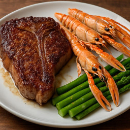 Entree: United States – Broiled Porterhouse with Steamed Langoustines and Blanched Asparagus recipe