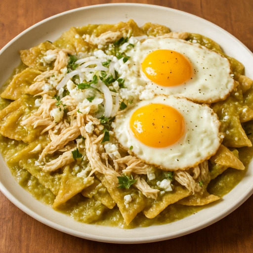 Entree: Mexico – Central Mexico – Chilaquiles verdes con pollo y huevo estrellado (green chilaquiles with shredded chicken and fried eggs) recipe