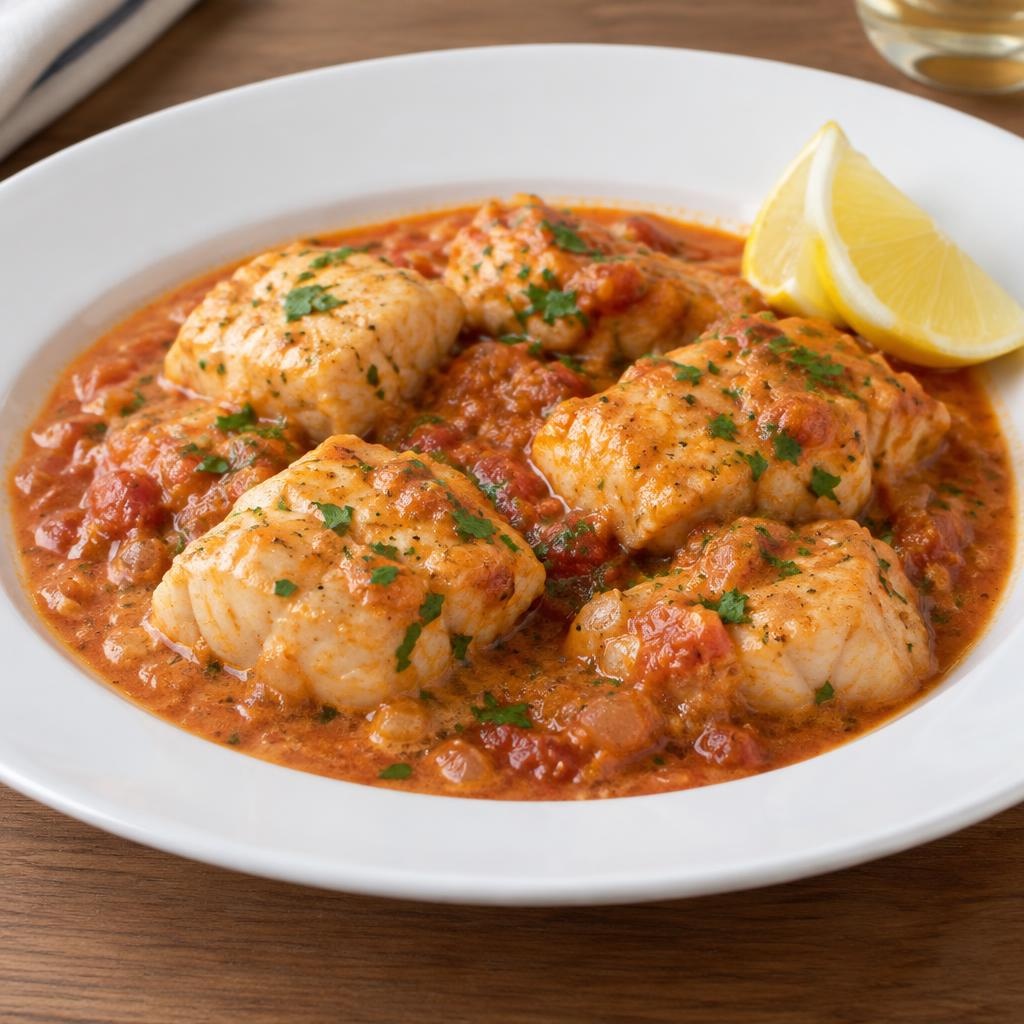 Entree: France – Brittany – Lotte à l'armoricaine (monkfish in an Armorican-style tomato and brandy sauce) recipe